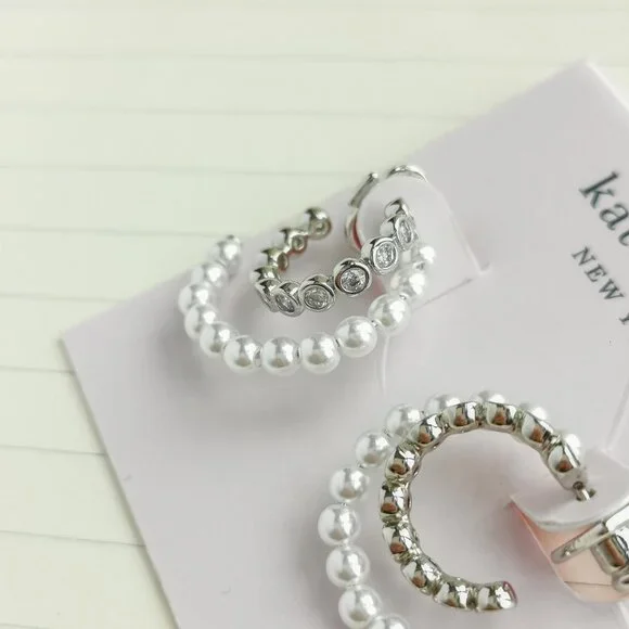 Pearl Caviar Silver Double Huggie Earrings - Kate Spade - Picture 2 of 3
